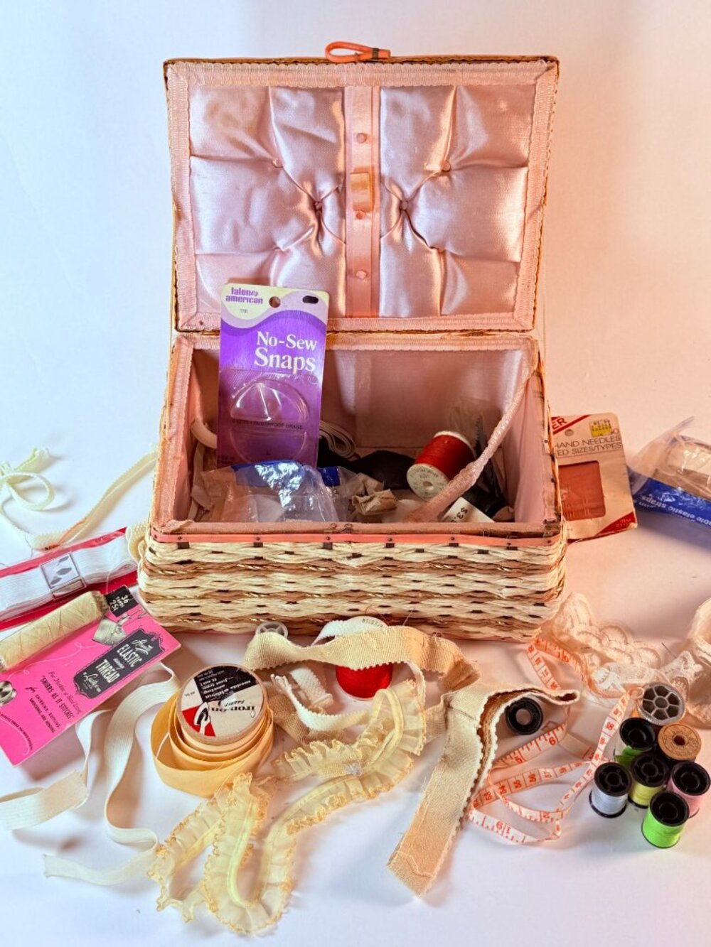 Vintage Wicker Sewing Basket Organizer With Pink Satin Lining & Assorted